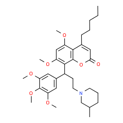 ChemSpider 2D Image | 5,7-Dimethoxy-8-[3-(3-methyl-1-piperidinyl)-1-(3,4,5-trimethoxyphenyl)propyl]-4-pentyl-2H-chromen-2-one | C34H47NO7