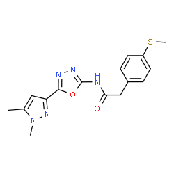 ChemSpider 2D Image | N-[5-(1,5-Dimethyl-1H-pyrazol-3-yl)-1,3,4-oxadiazol-2-yl]-2-[4-(methylsulfanyl)phenyl]acetamide | C16H17N5O2S