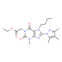 ChemSpider 2D Image | Ethyl [7-butyl-3-methyl-2,6-dioxo-8-(3,4,5-trimethyl-1H-pyrazol-1-yl)-2,3,6,7-tetrahydro-1H-purin-1-yl]acetate | C20H28N6O4