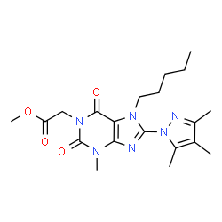 ChemSpider 2D Image | Methyl [3-methyl-2,6-dioxo-7-pentyl-8-(3,4,5-trimethyl-1H-pyrazol-1-yl)-2,3,6,7-tetrahydro-1H-purin-1-yl]acetate | C20H28N6O4
