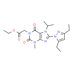 ChemSpider 2D Image | Ethyl [8-(3,5-diethyl-1H-pyrazol-1-yl)-7-isopropyl-3-methyl-2,6-dioxo-2,3,6,7-tetrahydro-1H-purin-1-yl]acetate | C20H28N6O4