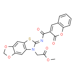 ChemSpider 2D Image | Methyl [(6Z)-6-{[(2-oxo-2H-chromen-3-yl)carbonyl]imino}[1,3]dioxolo[4,5-f][1,3]benzothiazol-7(6H)-yl]acetate | C21H14N2O7S