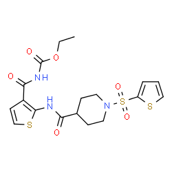 ChemSpider 2D Image | Ethyl {[2-({[1-(2-thienylsulfonyl)-4-piperidinyl]carbonyl}amino)-3-thienyl]carbonyl}carbamate | C18H21N3O6S3