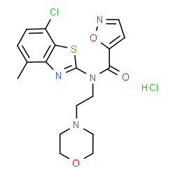 ChemSpider 2D Image | N-(7-Chloro-4-methyl-1,3-benzothiazol-2-yl)-N-[2-(4-morpholinyl)ethyl]-1,2-oxazole-5-carboxamide hydrochloride (1:1) | C18H20Cl2N4O3S