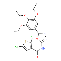 ChemSpider 2D Image | 2,5-Dichloro-N-[5-(3,4,5-triethoxyphenyl)-1,3,4-oxadiazol-2-yl]-3-thiophenecarboxamide | C19H19Cl2N3O5S