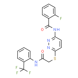 ChemSpider 2D Image | 2-Fluoro-N-{6-[(2-oxo-2-{[2-(trifluoromethyl)phenyl]amino}ethyl)sulfanyl]-3-pyridazinyl}benzamide | C20H14F4N4O2S