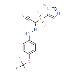 ChemSpider 2D Image | [(1-Methyl-1H-imidazol-5-yl)sulfonyl]{[4-(trifluoromethoxy)phenyl]hydrazono}acetonitrile | C13H10F3N5O3S