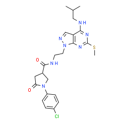 ChemSpider 2D Image | 1-(4-Chlorophenyl)-N-{2-[4-(isobutylamino)-6-(methylsulfanyl)-1H-pyrazolo[3,4-d]pyrimidin-1-yl]ethyl}-5-oxo-3-pyrrolidinecarboxamide | C23H28ClN7O2S