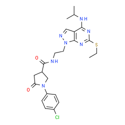 ChemSpider 2D Image | 1-(4-Chlorophenyl)-N-{2-[6-(ethylsulfanyl)-4-(isopropylamino)-1H-pyrazolo[3,4-d]pyrimidin-1-yl]ethyl}-5-oxo-3-pyrrolidinecarboxamide | C23H28ClN7O2S
