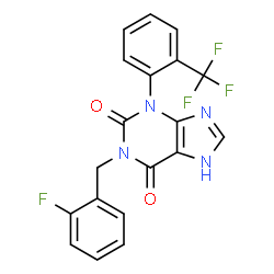 ChemSpider 2D Image | 1-(2-Fluorobenzyl)-3-[2-(trifluoromethyl)phenyl]-3,7-dihydro-1H-purine-2,6-dione | C19H12F4N4O2