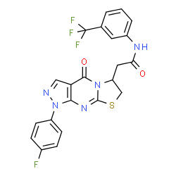 ChemSpider 2D Image | 2-[1-(4-Fluorophenyl)-4-oxo-1,4,6,7-tetrahydropyrazolo[3,4-d][1,3]thiazolo[3,2-a]pyrimidin-6-yl]-N-[3-(trifluoromethyl)phenyl]acetamide | C22H15F4N5O2S