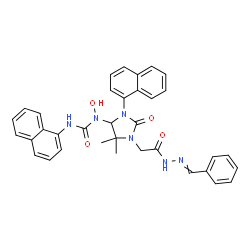 ChemSpider 2D Image | 1-{1-[2-(2-Benzylidenehydrazino)-2-oxoethyl]-5,5-dimethyl-3-(1-naphthyl)-2-oxo-4-imidazolidinyl}-1-hydroxy-3-(1-naphthyl)urea | C35H32N6O4
