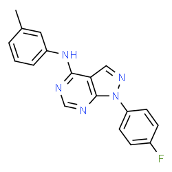 ChemSpider 2D Image | 1-(4-Fluorophenyl)-N-(3-methylphenyl)-1H-pyrazolo[3,4-d]pyrimidin-4-amine | C18H14FN5