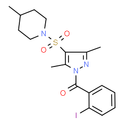 ChemSpider 2D Image | {3,5-Dimethyl-4-[(4-methyl-1-piperidinyl)sulfonyl]-1H-pyrazol-1-yl}(2-iodophenyl)methanone | C18H22IN3O3S