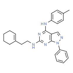 ChemSpider 2D Image | N6-[2-(cyclohex-1-en-1-yl)ethyl]-N4-(4-methylphenyl)-1-phenylpyrazolo[3,4-d]pyrimidine-4,6-diamine | C26H28N6