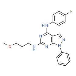ChemSpider 2D Image | N4-(4-fluorophenyl)-N6-(3-methoxypropyl)-1-phenylpyrazolo[3,4-d]pyrimidine-4,6-diamine | C21H21FN6O