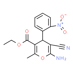 ChemSpider 2D Image | Ethyl 6-amino-5-cyano-2-methyl-4-(2-nitrophenyl)-4H-pyran-3-carboxylate | C16H15N3O5