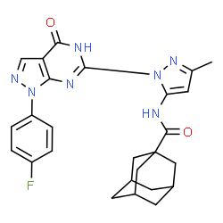 ChemSpider 2D Image | N-{1-[1-(4-Fluorophenyl)-4-oxo-4,5-dihydro-1H-pyrazolo[3,4-d]pyrimidin-6-yl]-3-methyl-1H-pyrazol-5-yl}-1-adamantanecarboxamide | C26H26FN7O2