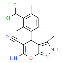 ChemSpider 2D Image | 6-Amino-4-[3-(dichloromethyl)-2,4,6-trimethylphenyl]-3-methyl-2,4-dihydropyrano[2,3-c]pyrazole-5-carbonitrile | C18H18Cl2N4O