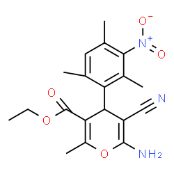 ChemSpider 2D Image | Ethyl 6-amino-5-cyano-2-methyl-4-(2,4,6-trimethyl-3-nitrophenyl)-4H-pyran-3-carboxylate | C19H21N3O5