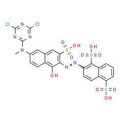 ChemSpider 2D Image | 2-[(E)-{6-[(4,6-Dichloro-1,3,5-triazin-2-yl)(methyl)amino]-1-hydroxy-3-sulfo-2-naphthyl}diazenyl]-1,5-naphthalenedisulfonic acid | C24H16Cl2N6O10S3