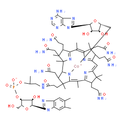 ChemSpider 2D Image | [(2S,3S,4R,5S)-5-(6-aminopurin-9-yl)-3,4-dihydroxy-tetrahydrofuran-2-yl]methyl-[(4Z,9Z,14Z)-2,13,18-tris(2-amino-2-oxo-ethyl)-7,12,17-tris(3-amino-3-oxo-propyl)-3-[3-[2-[[(2R,3S,4R,5S)-5-(5,6-dimethylbenzimidazol-1-yl)-4-hydroxy-2-(hydroxymethyl)tetrahydrofuran-3-yl]oxy-oxido-phosphoryl]oxypropylamino]-3-oxo-propyl]-3,5,8,8,13,15,18,19-octamethyl-2,7,12,17-tetrahydro-1H-corrin-21-yl]cobalt(1+) | C72H100CoN18O17P
