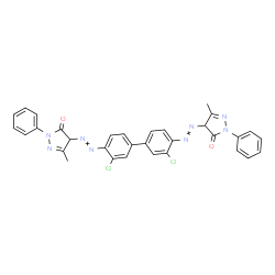 ChemSpider 2D Image | 4,4'-[(3,3'-Dichloro-4,4'-biphenyldiyl)di-2,1-diazenediyl]bis(5-methyl-2-phenyl-2,4-dihydro-3H-pyrazol-3-one) | C32H24Cl2N8O2