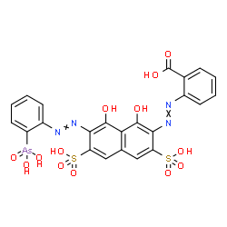 ChemSpider 2D Image | 2-({7-[(2-Arsonophenyl)diazenyl]-1,8-dihydroxy-3,6-disulfo-2-naphthyl}diazenyl)benzoic acid | C23H17AsN4O13S2