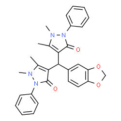 ChemSpider 2D Image | 4,4'-(1,3-Benzodioxol-5-ylmethylene)bis(1,5-dimethyl-2-phenyl-1,2-dihydro-3H-pyrazol-3-one) | C30H28N4O4