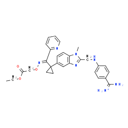 ChemSpider 2D Image | Amino(4-{[(5-{1-[(E)-[(2-ethoxy-2-oxoethoxy)imino](2-pyridinyl)methyl]cyclopropyl}-1-methyl-1H-benzimidazol-2-yl)methyl]amino}phenyl)methaniminium | C29H32N7O3