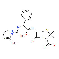 ChemSpider 2D Image | 3,3-Dimethyl-7-oxo-6-{[{[(2-oxoimidazolidin-1-ium-1-yl)carbonyl]amino}(phenyl)acetyl]amino}-4-thia-1-azabicyclo[3.2.0]heptane-2-carboxylate | C20H23N5O6S