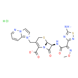 ChemSpider 2D Image | (6S,7S)-7-{[(2Z)-2-(5-Amino-1,2,4-thiadiazol-3-yl)-2-(methoxyimino)acetyl]amino}-3-(imidazo[1,2-b]pyridazin-1-ium-1-ylmethyl)-8-oxo-5-thia-1-azabicyclo[4.2.0]oct-2-ene-2-carboxylate hydrochloride (1:1
) | C19H18ClN9O5S2