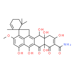 ChemSpider 2D Image | 5',6',7a',10',11a',12'-Hexahydroxy-3'-methoxy-2,6,6-trimethyl-7',8'-dioxo-7',7a',8',11',11a',12'-hexahydro-1'H-spiro[cyclohex-2-ene-1,2'-cyclopenta[de]tetracene]-9'-carboxamide | C30H31NO10