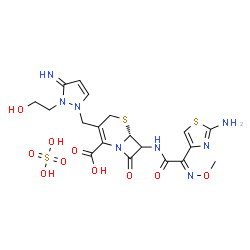 ChemSpider 2D Image | (6R)-7-{[(2E)-2-(2-Amino-1,3-thiazol-4-yl)-2-(methoxyimino)acetyl]amino}-3-{[2-(2-hydroxyethyl)-3-imino-2,3-dihydro-1H-pyrazol-1-yl]methyl}-8-oxo-5-thia-1-azabicyclo[4.2.0]oct-2-ene-2-carboxylic acid 
sulfate (1:1) | C19H24N8O10S3