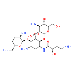 ChemSpider 2D Image | (2S)-4-Amino-N-{(1R,2S,3S,4R,5S)-5-amino-2-{[(5xi)-3-amino-3-deoxy-D-xylo-hexopyranosyl]oxy}-4-[(2,6-diamino-2,3,4,6-tetradeoxy-alpha-D-erythro-hexopyranosyl)oxy]-3-hydroxycyclohexyl}-2-hydroxybutanam
ide | C22H44N6O10