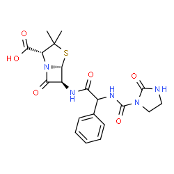 ChemSpider 2D Image | (2R,5R,6S)-3,3-Dimethyl-7-oxo-6-{[{[(2-oxo-1-imidazolidinyl)carbonyl]amino}(phenyl)acetyl]amino}-4-thia-1-azabicyclo[3.2.0]heptane-2-carboxylic acid | C20H23N5O6S