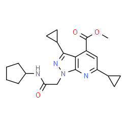 ChemSpider 2D Image | Methyl 1-(2-(cyclopentylamino)-2-oxoethyl)-3,6-dicyclopropyl-1H-pyrazolo[3,4-b]pyridine-4-carboxylate | C21H26N4O3