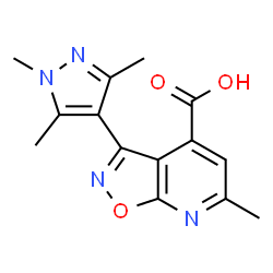 ChemSpider 2D Image | 6-methyl-3-(1,3,5-trimethylpyrazol-4-yl)-[1,2]oxazolo[5,4-b]pyridine-4-carboxylic acid | C14H14N4O3