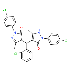 ChemSpider 2D Image | 2-(4-Chlorophenyl)-4-{(2-chlorophenyl)[1-(4-chlorophenyl)-3-methyl-5-oxo-4,5-dihydro-1H-pyrazol-4-yl]methyl}-5-methyl-1,2-dihydro-3H-pyrazol-3-one | C27H21Cl3N4O2