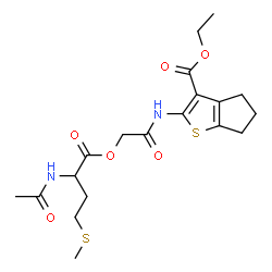 ChemSpider 2D Image | Ethyl 2-({[(N-acetylmethionyl)oxy]acetyl}amino)-5,6-dihydro-4H-cyclopenta[b]thiophene-3-carboxylate | C19H26N2O6S2