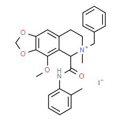 ChemSpider 2D Image | 6-Benzyl-4-methoxy-6-methyl-5-[(2-methylphenyl)carbamoyl]-5,6,7,8-tetrahydro[1,3]dioxolo[4,5-g]isoquinolin-6-ium iodide | C27H29IN2O4