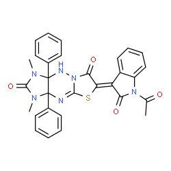 ChemSpider 2D Image | (6Z)-6-(1-Acetyl-2-oxo-1,2-dihydro-3H-indol-3-ylidene)-1,3-dimethyl-3a,9a-diphenyl-3,3a,9,9a-tetrahydroimidazo[4,5-e][1,3]thiazolo[3,2-b][1,2,4]triazine-2,7(1H,6H)-dione | C30H24N6O4S