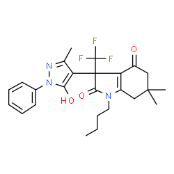 ChemSpider 2D Image | 1-Butyl-3-(5-hydroxy-3-methyl-1-phenyl-1H-pyrazol-4-yl)-6,6-dimethyl-3-(trifluoromethyl)-3,5,6,7-tetrahydro-1H-indole-2,4-dione | C25H28F3N3O3