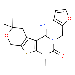 ChemSpider 2D Image | 3-(2-Furylmethyl)-4-imino-1,6,6-trimethyl-1,3,4,5,6,8-hexahydro-2H-pyrano[4',3':4,5]thieno[2,3-d]pyrimidin-2-one | C17H19N3O3S