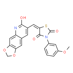 ChemSpider 2D Image | 2,4-thiazolidinedione, 5-[(6-hydroxy-1,3-dioxolo[4,5-g]quinolin-7-yl)methylene]-3-(3-methoxyphenyl)-, (5E)- | C21H14N2O6S