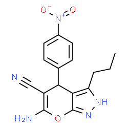 ChemSpider 2D Image | 6-amino-4-(4-nitrophenyl)-3-propyl-1,4-dihydropyrano[2,3-c]pyrazole-5-carbonitrile | C16H15N5O3