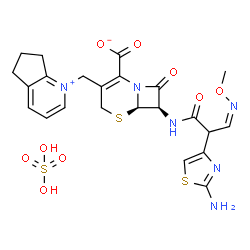 ChemSpider 2D Image | (6R,7R)-7-{[(3Z)-2-(2-Amino-1,3-thiazol-4-yl)-3-(methoxyimino)propanoyl]amino}-3-(6,7-dihydro-5H-cyclopenta[b]pyridinium-1-ylmethyl)-8-oxo-5-thia-1-azabicyclo[4.2.0]oct-2-ene-2-carboxylate sulfate (1:1) | C23H26N6O9S3