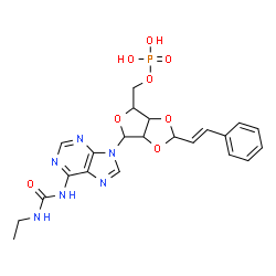 ChemSpider 2D Image | N-(Ethylcarbamoyl)-9-{2,3-O-[(2E)-3-phenyl-2-propen-1-ylidene]-5-O-phosphonopentofuranosyl}-9H-purin-6-amine | C22H25N6O8P