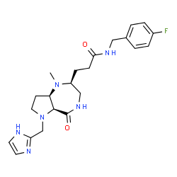 ChemSpider 2D Image | N-(4-Fluorobenzyl)-3-[(2S,5aS,8aR)-6-(1H-imidazol-2-ylmethyl)-1-methyl-5-oxodecahydropyrrolo[3,2-e][1,4]diazepin-2-yl]propanamide | C22H29FN6O2