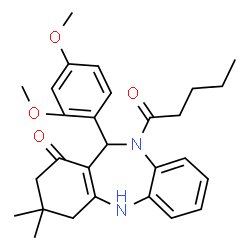 ChemSpider 2D Image | 11-(2,4-Dimethoxyphenyl)-3,3-dimethyl-10-pentanoyl-2,3,4,5,10,11-hexahydro-1H-dibenzo[b,e][1,4]diazepin-1-one | C28H34N2O4